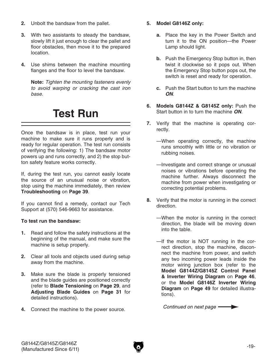 Test run | Grizzly G8145Z User Manual | Page 21 / 72