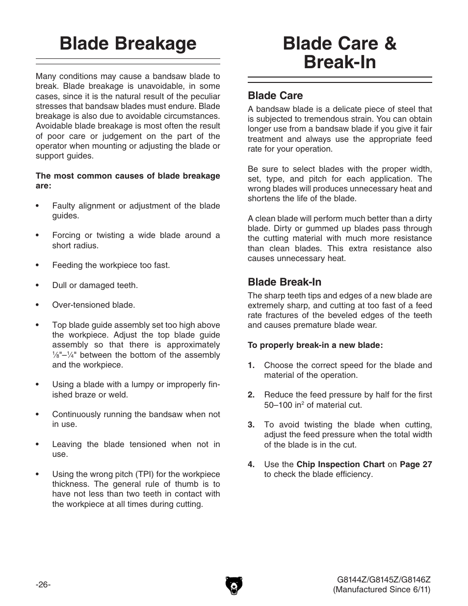 Blade breakage, Blade care & break-in | Grizzly G8145Z User Manual | Page 28 / 72