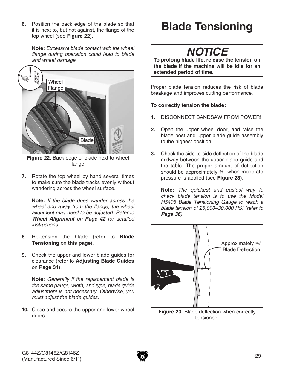 Blade tensioning, Notice | Grizzly G8145Z User Manual | Page 31 / 72