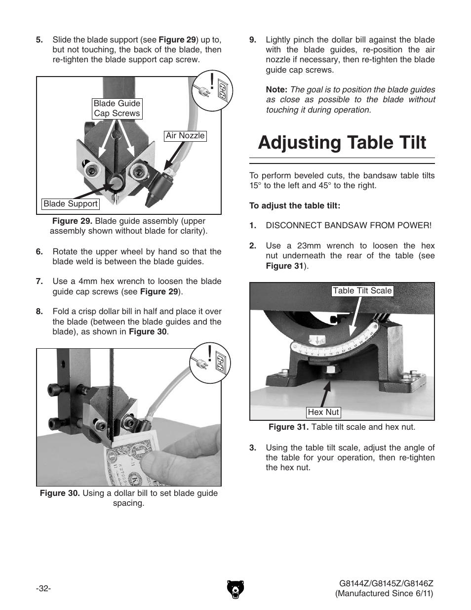 Adjusting table tilt | Grizzly G8145Z User Manual | Page 34 / 72