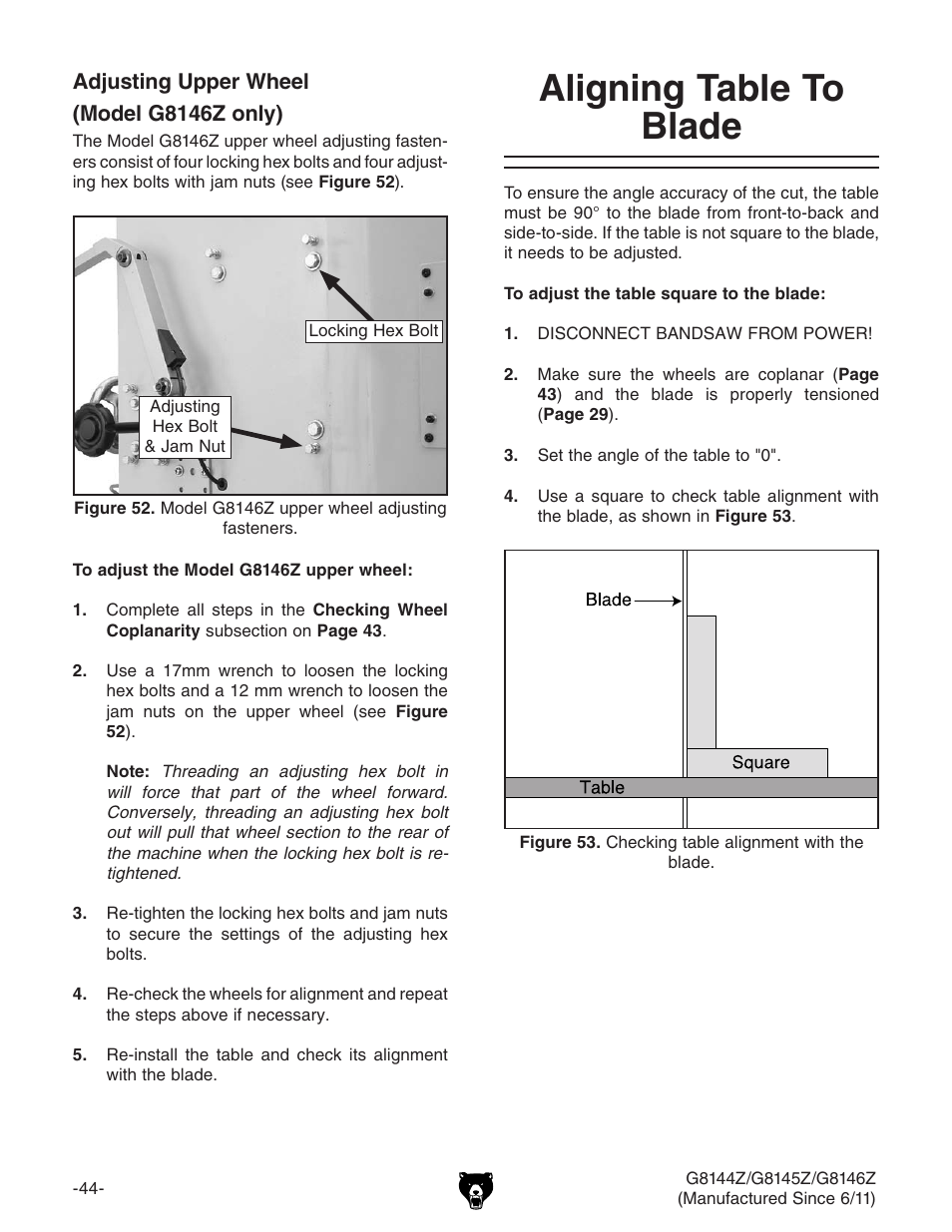 Aligning table to blade | Grizzly G8145Z User Manual | Page 46 / 72