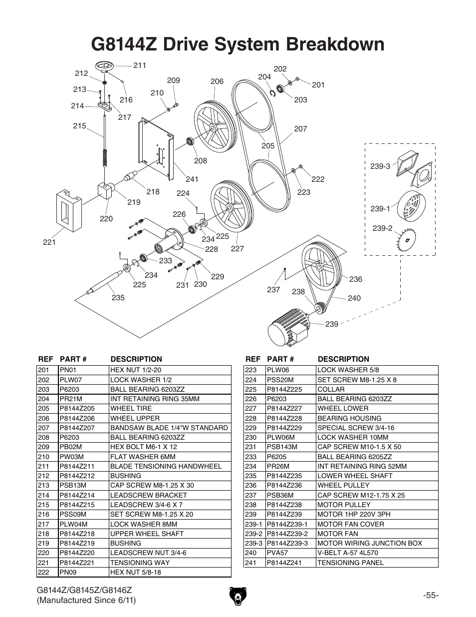 G8144z drive system breakdown | Grizzly G8145Z User Manual | Page 57 / 72