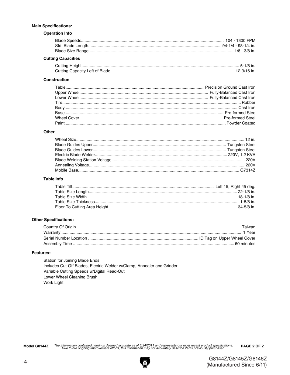 Grizzly G8145Z User Manual | Page 6 / 72