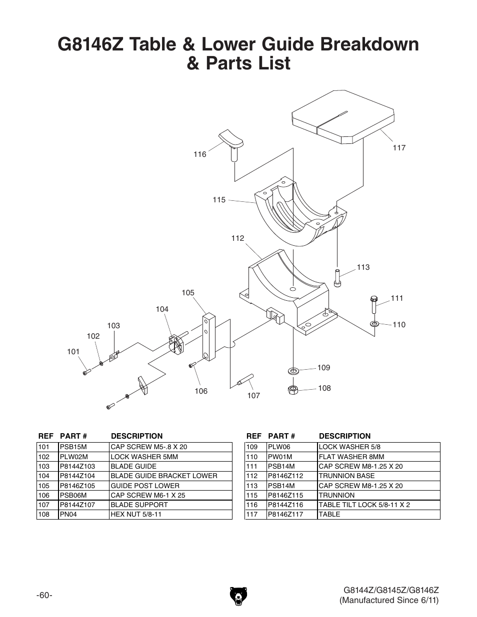 G8146z table & lower guide breakdown & parts list | Grizzly G8145Z User Manual | Page 62 / 72
