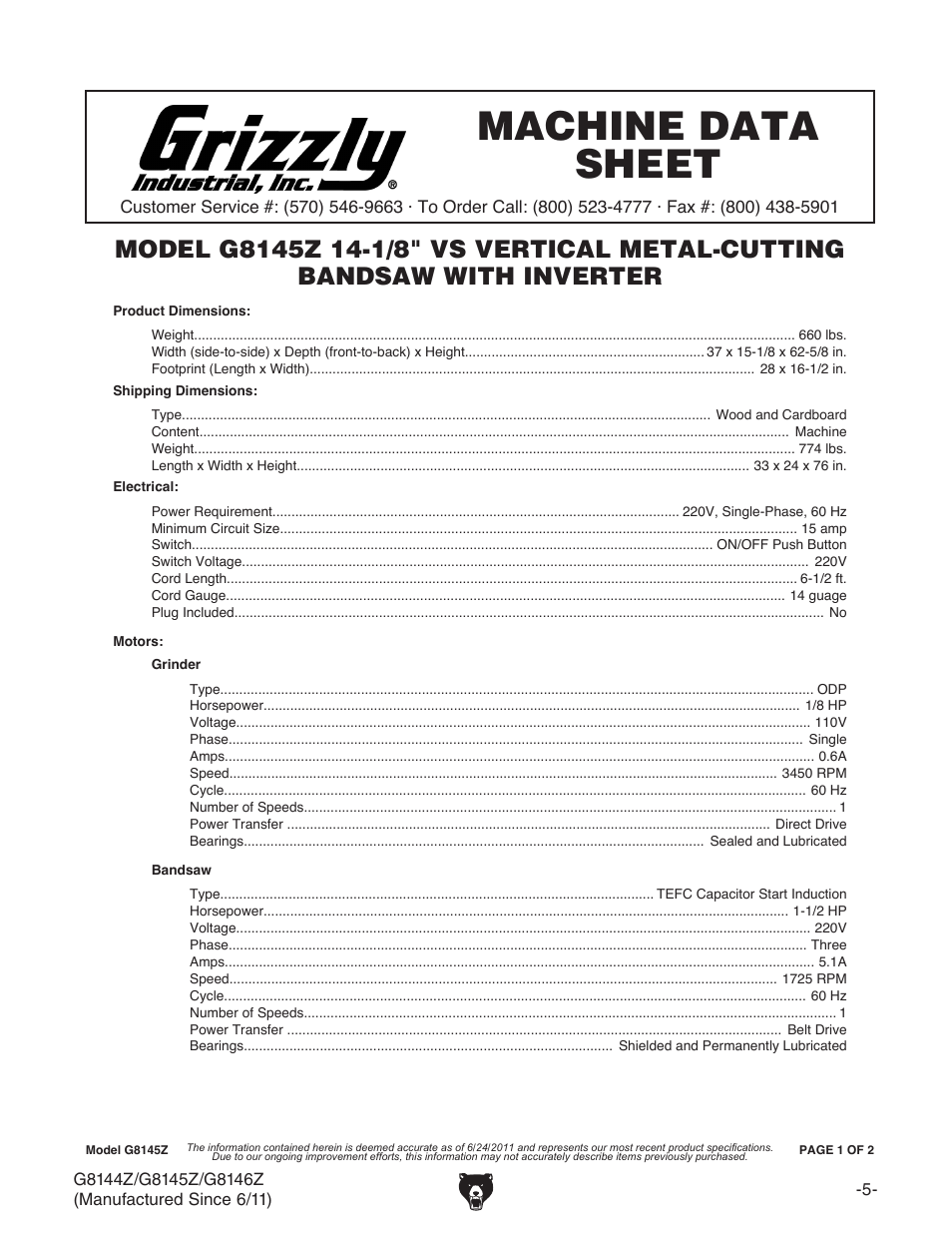 Machine data sheet, G8145z machine data sheet | Grizzly G8145Z User Manual | Page 7 / 72