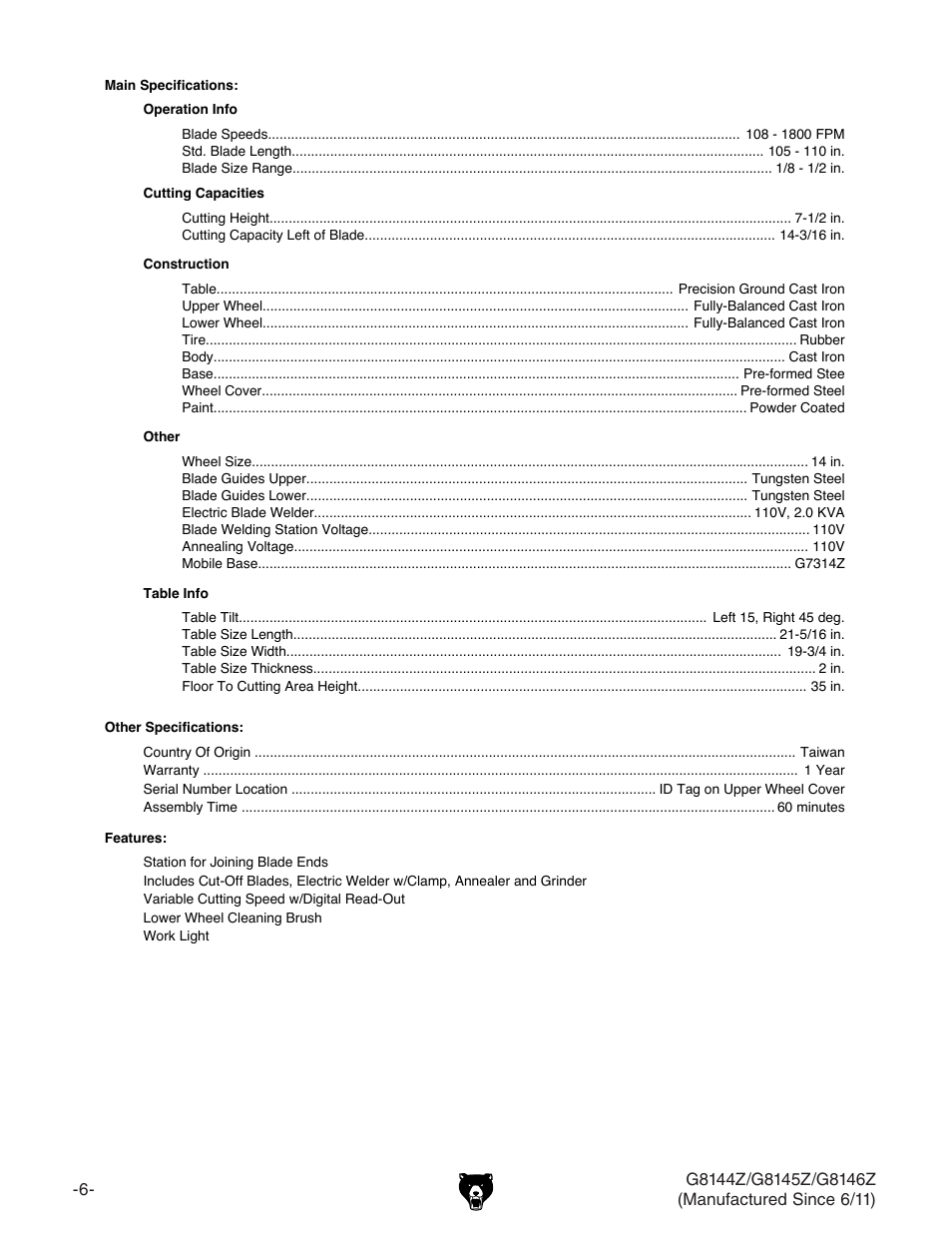 Grizzly G8145Z User Manual | Page 8 / 72