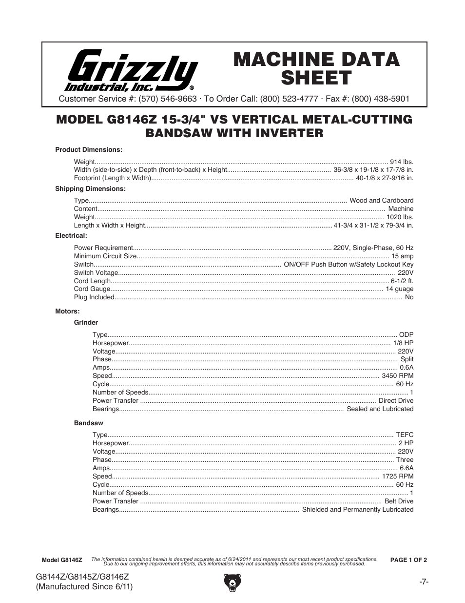 Machine data sheet, G8146z machine data sheet | Grizzly G8145Z User Manual | Page 9 / 72