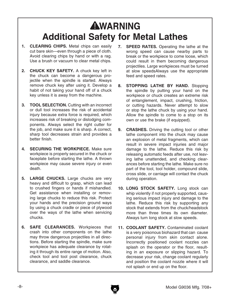 Additional safety for metal lathes | Grizzly Gear-Head G9036 User Manual | Page 10 / 100