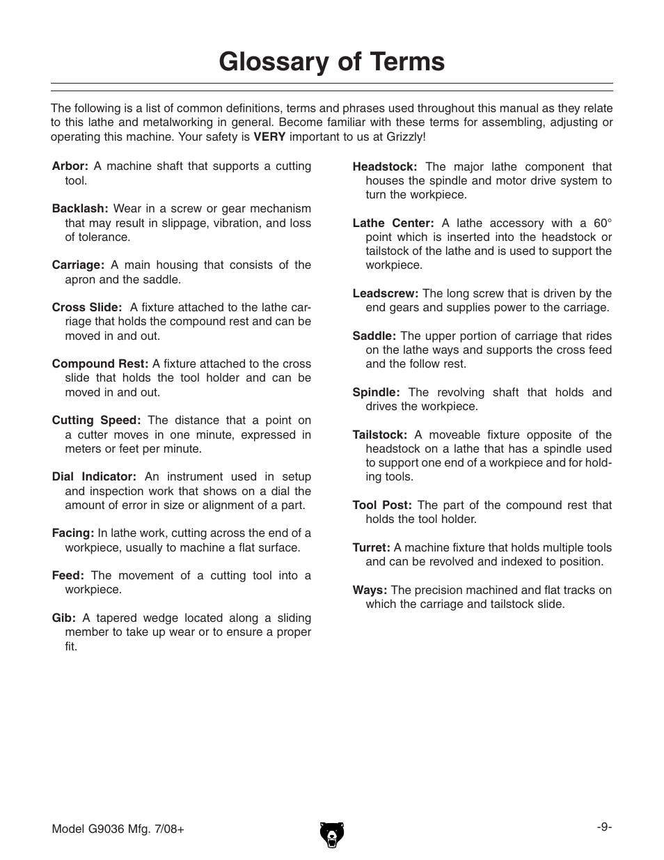 Glossary of terms | Grizzly Gear-Head G9036 User Manual | Page 11 / 100