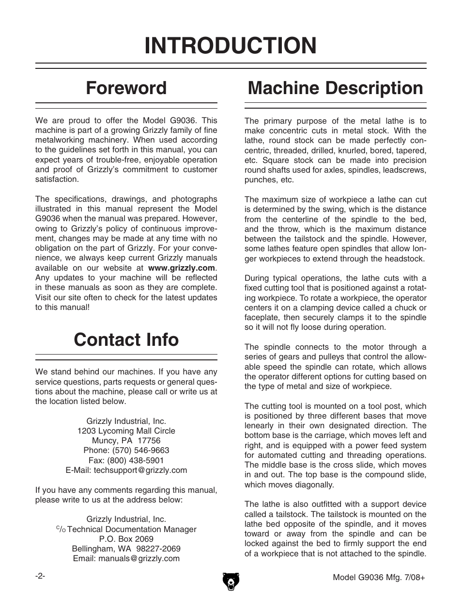 Introduction, Foreword, Contact info | Machine description | Grizzly Gear-Head G9036 User Manual | Page 4 / 100