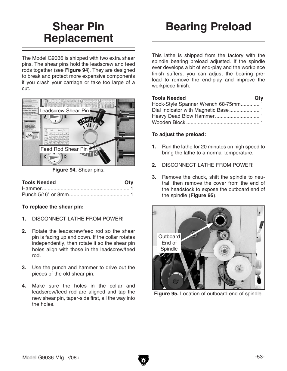 Shear pin replacement, Bearing preload | Grizzly Gear-Head G9036 User Manual | Page 55 / 100