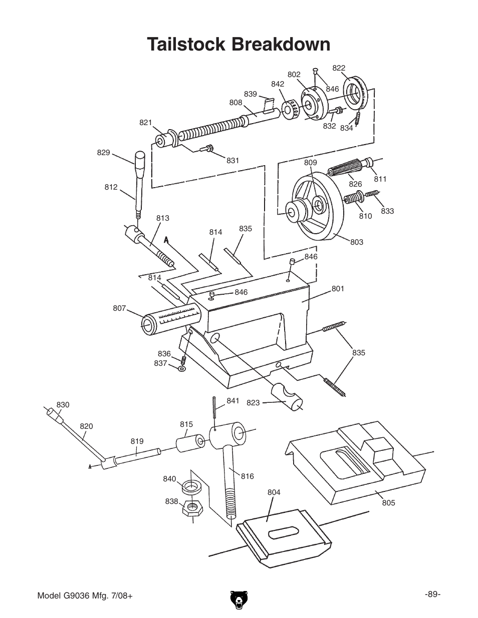Tailstock breakdown | Grizzly Gear-Head G9036 User Manual | Page 91 / 100