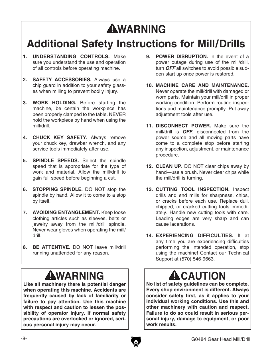 Additional safety instructions for mill/drills | Grizzly G0484 User Manual | Page 10 / 48