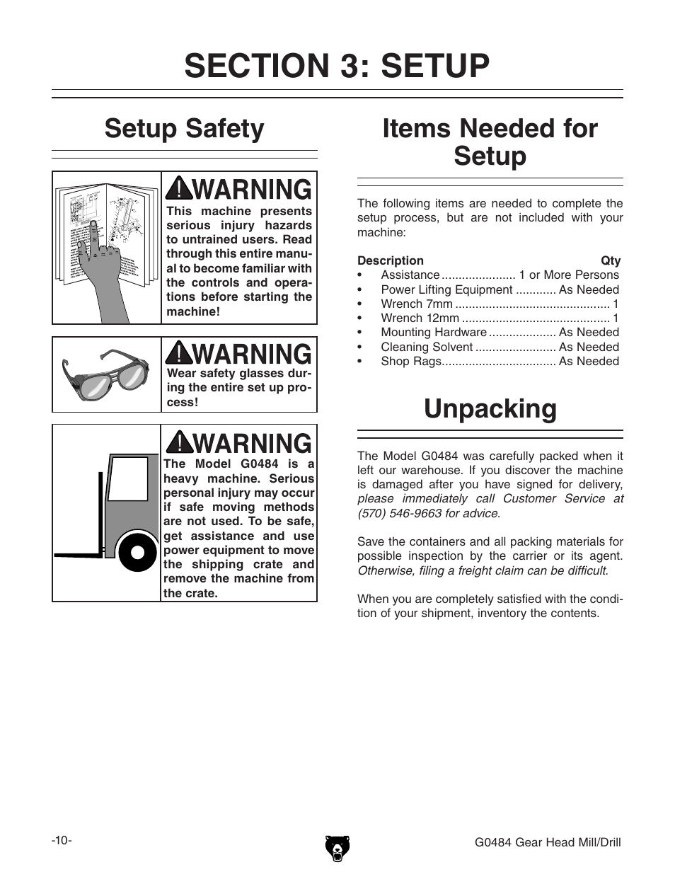 Setup safety, Items needed for setup, Unpacking | Grizzly G0484 User Manual | Page 12 / 48