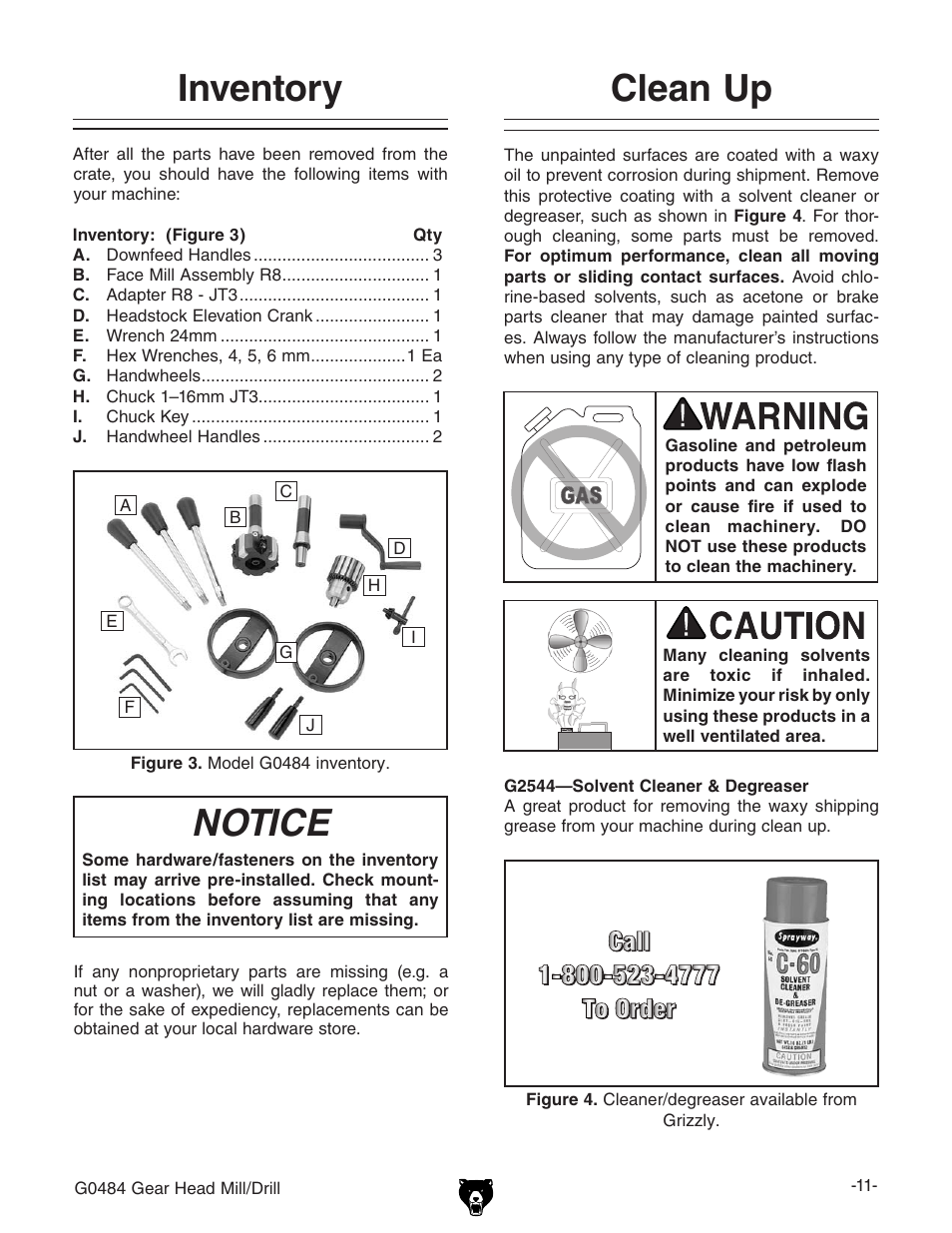 Inventory, Notice, Clean up | Grizzly G0484 User Manual | Page 13 / 48