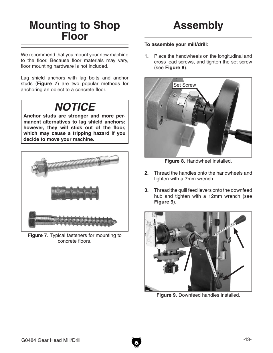 Mounting to shop floor notice, Assembly | Grizzly G0484 User Manual | Page 15 / 48