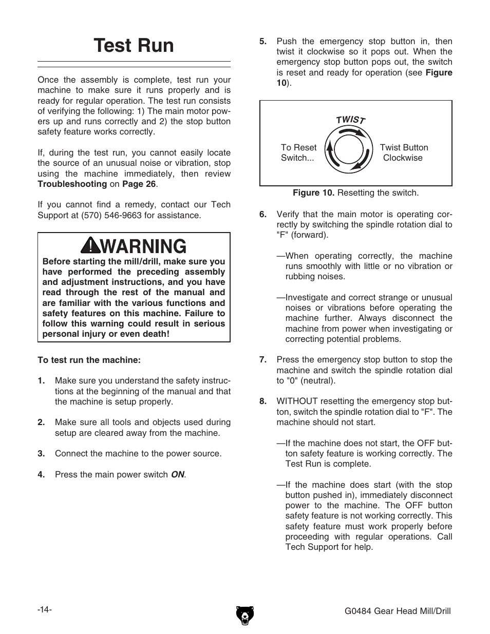 Test run | Grizzly G0484 User Manual | Page 16 / 48