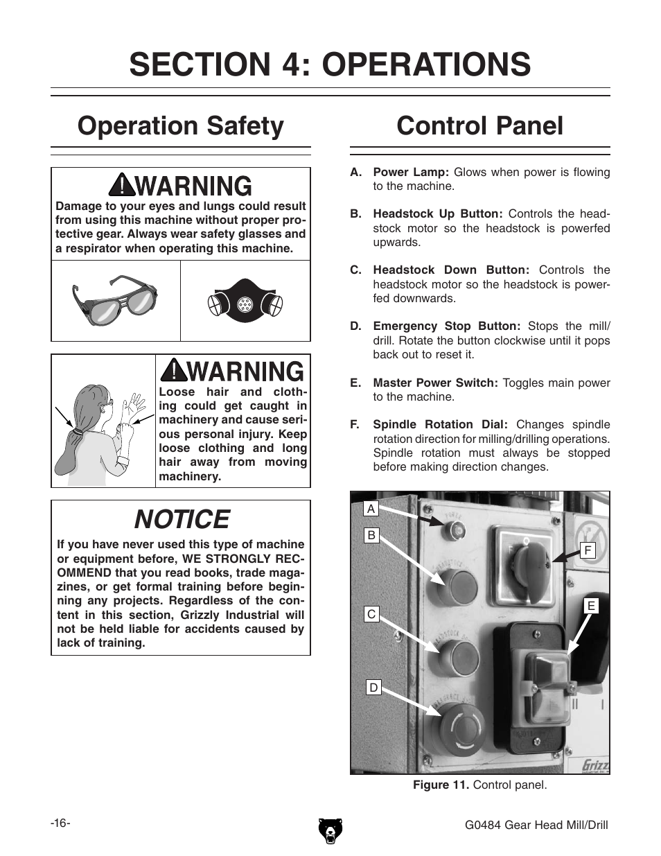 Operation safety, Notice, Control panel | Grizzly G0484 User Manual | Page 18 / 48