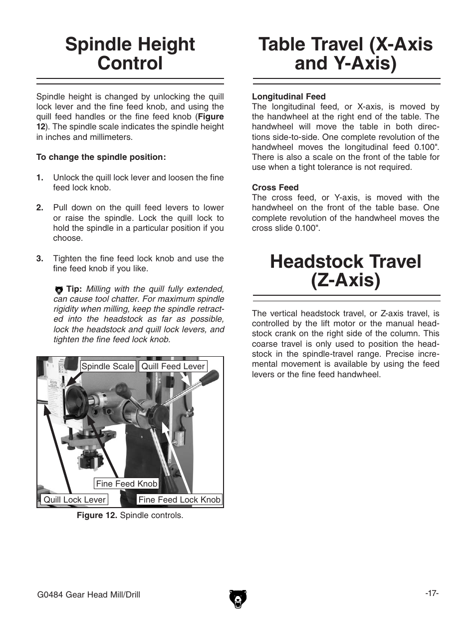 Table travel (x-axis and y-axis), Headstock travel (z-axis), Spindle height control | Grizzly G0484 User Manual | Page 19 / 48