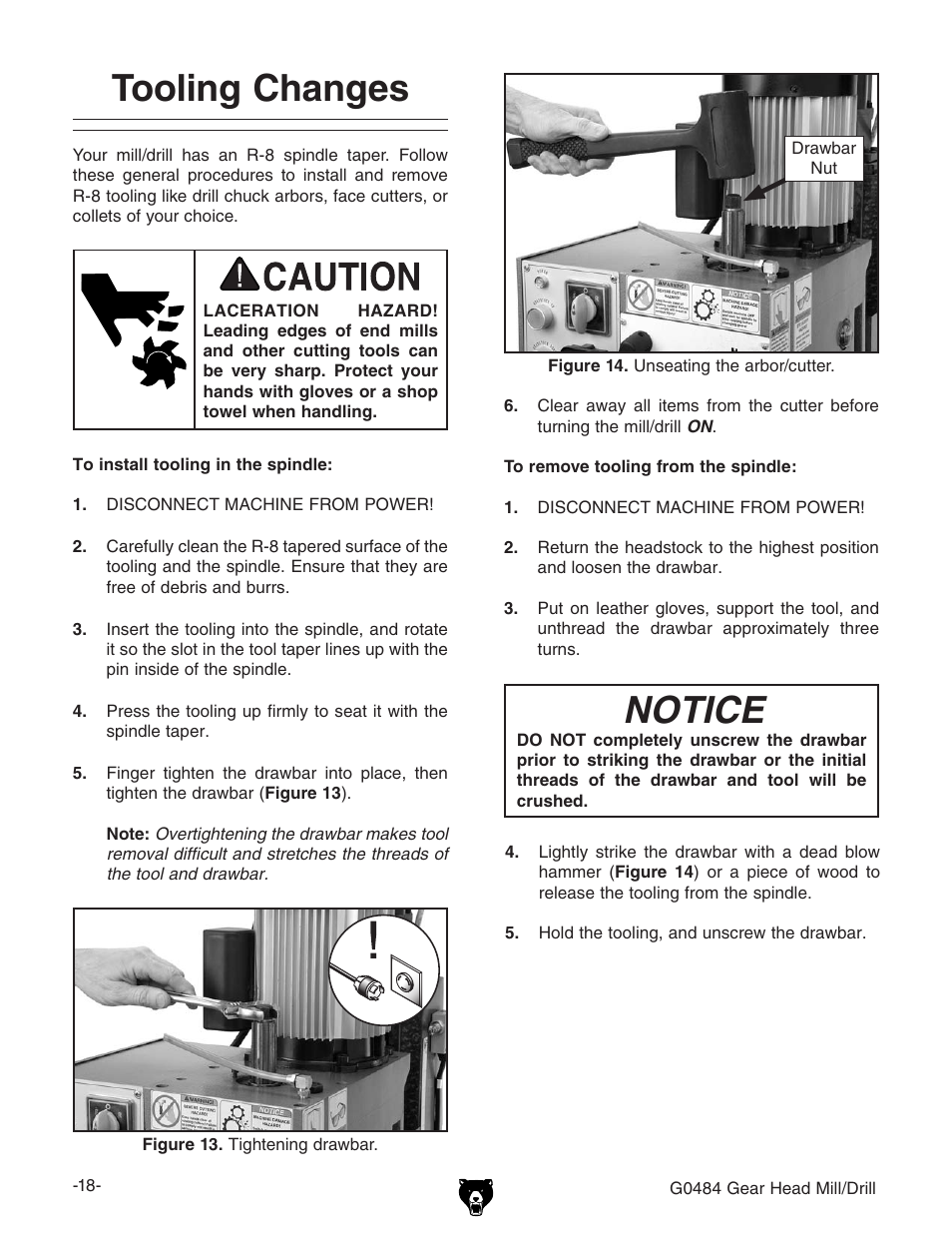 Tooling changes, Notice | Grizzly G0484 User Manual | Page 20 / 48