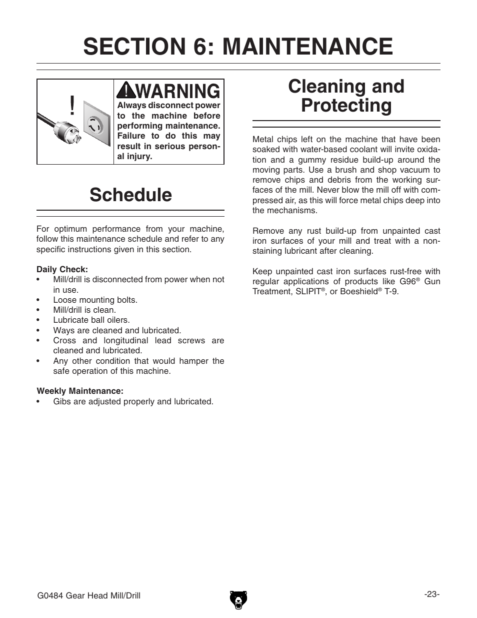 Schedule, Cleaning and protecting | Grizzly G0484 User Manual | Page 25 / 48