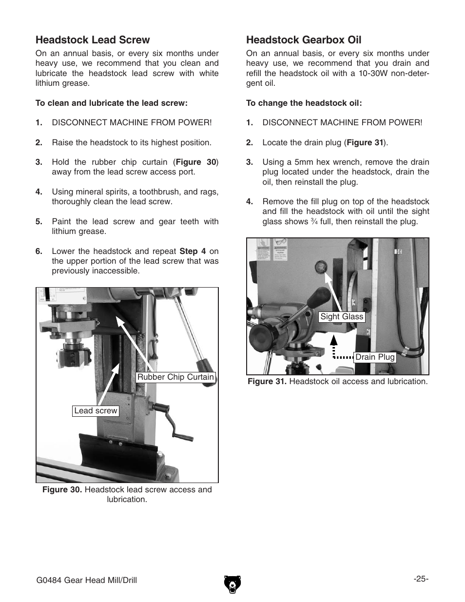 Headstock lead screw, Headstock gearbox oil | Grizzly G0484 User Manual | Page 27 / 48