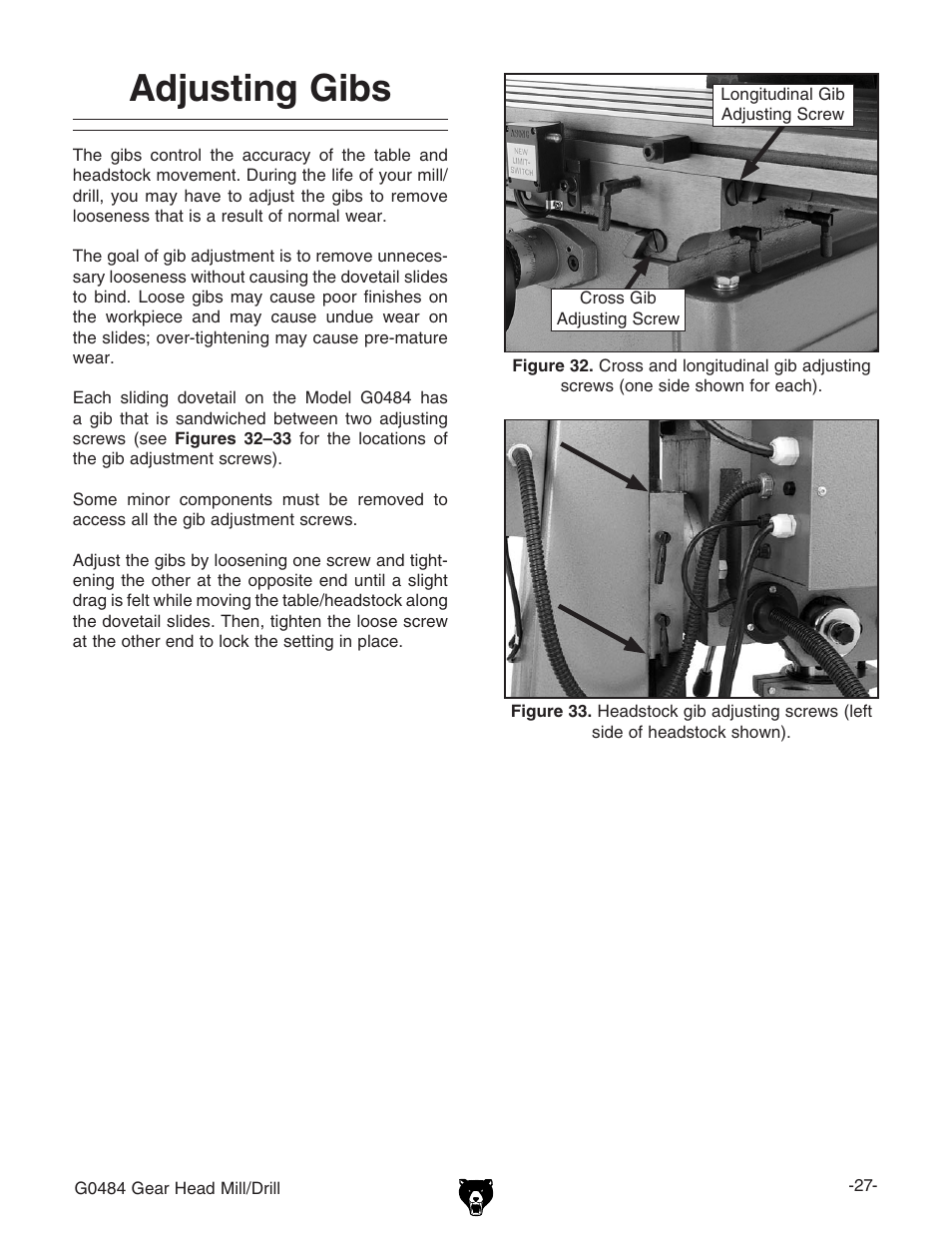 Adjusting gibs | Grizzly G0484 User Manual | Page 29 / 48