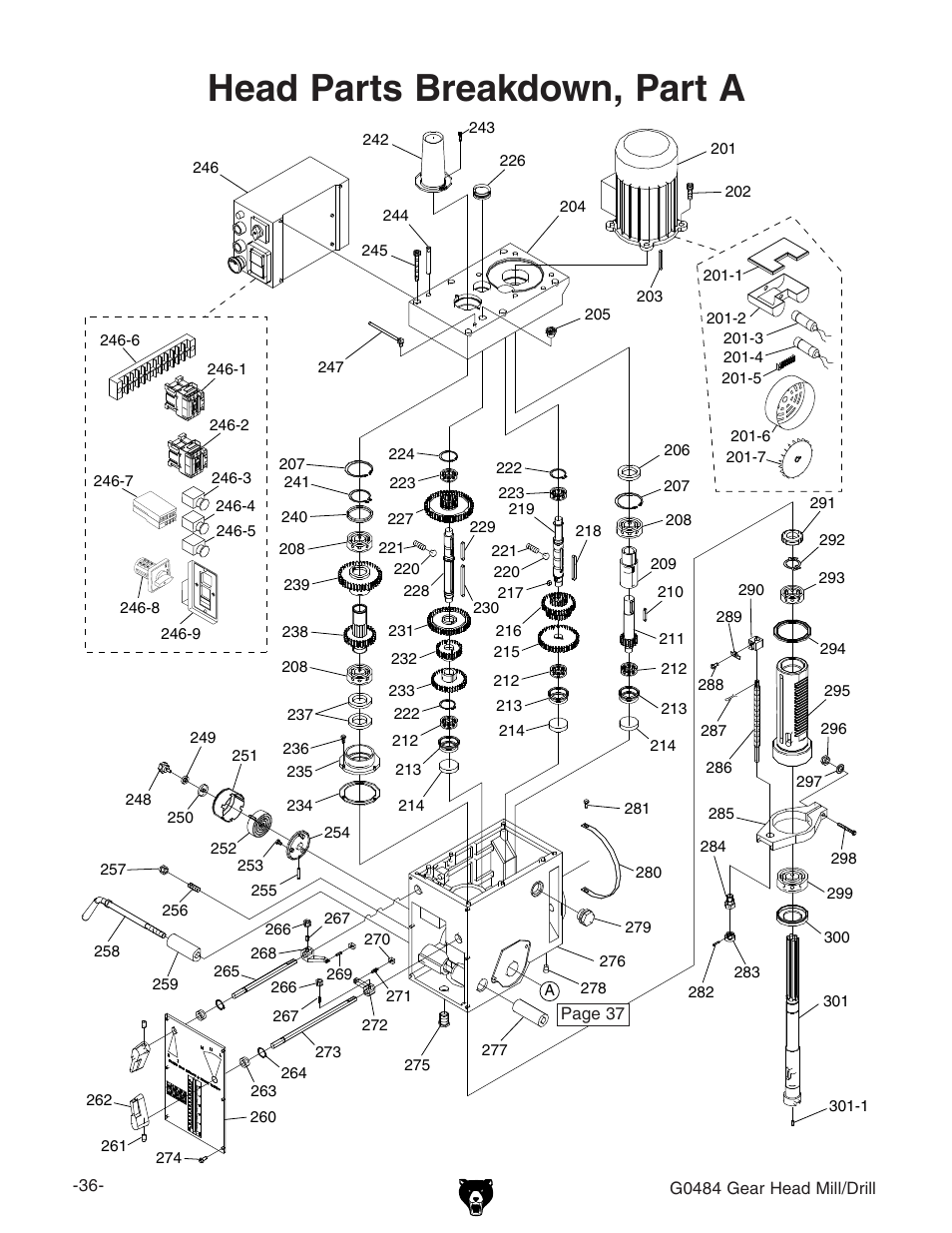 Head parts breakdown, part a | Grizzly G0484 User Manual | Page 38 / 48