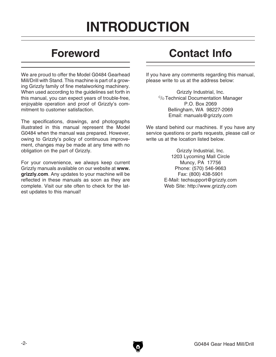 Introduction, Foreword contact info | Grizzly G0484 User Manual | Page 4 / 48