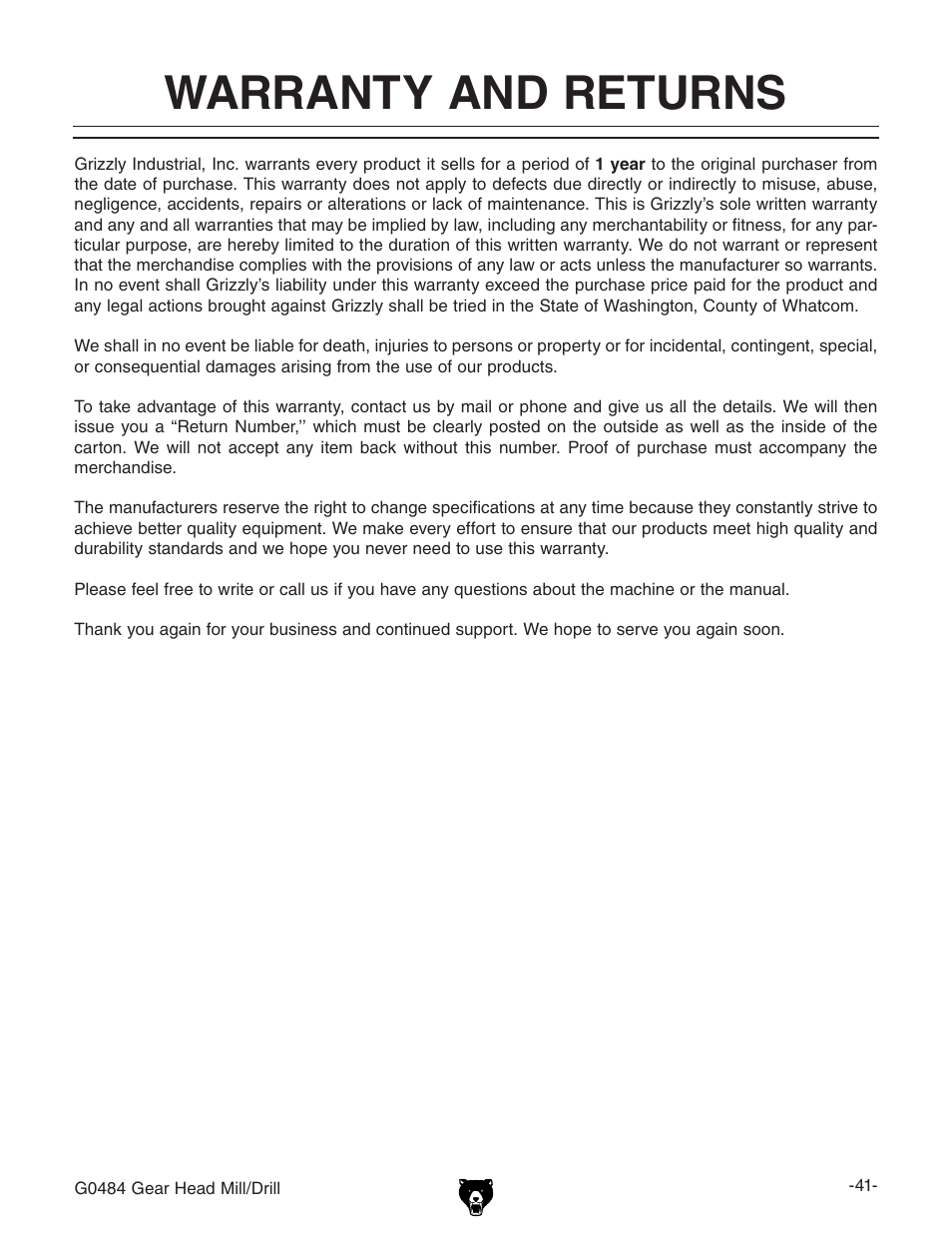 Warranty and returns | Grizzly G0484 User Manual | Page 43 / 48
