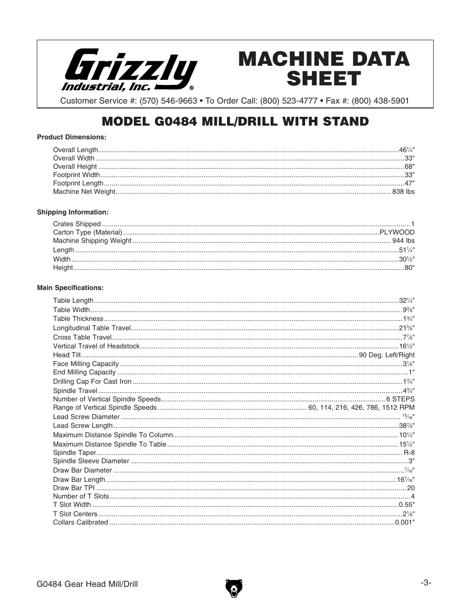 Machine data sheet, Model g0484 mill/drill with stand | Grizzly G0484 User Manual | Page 5 / 48