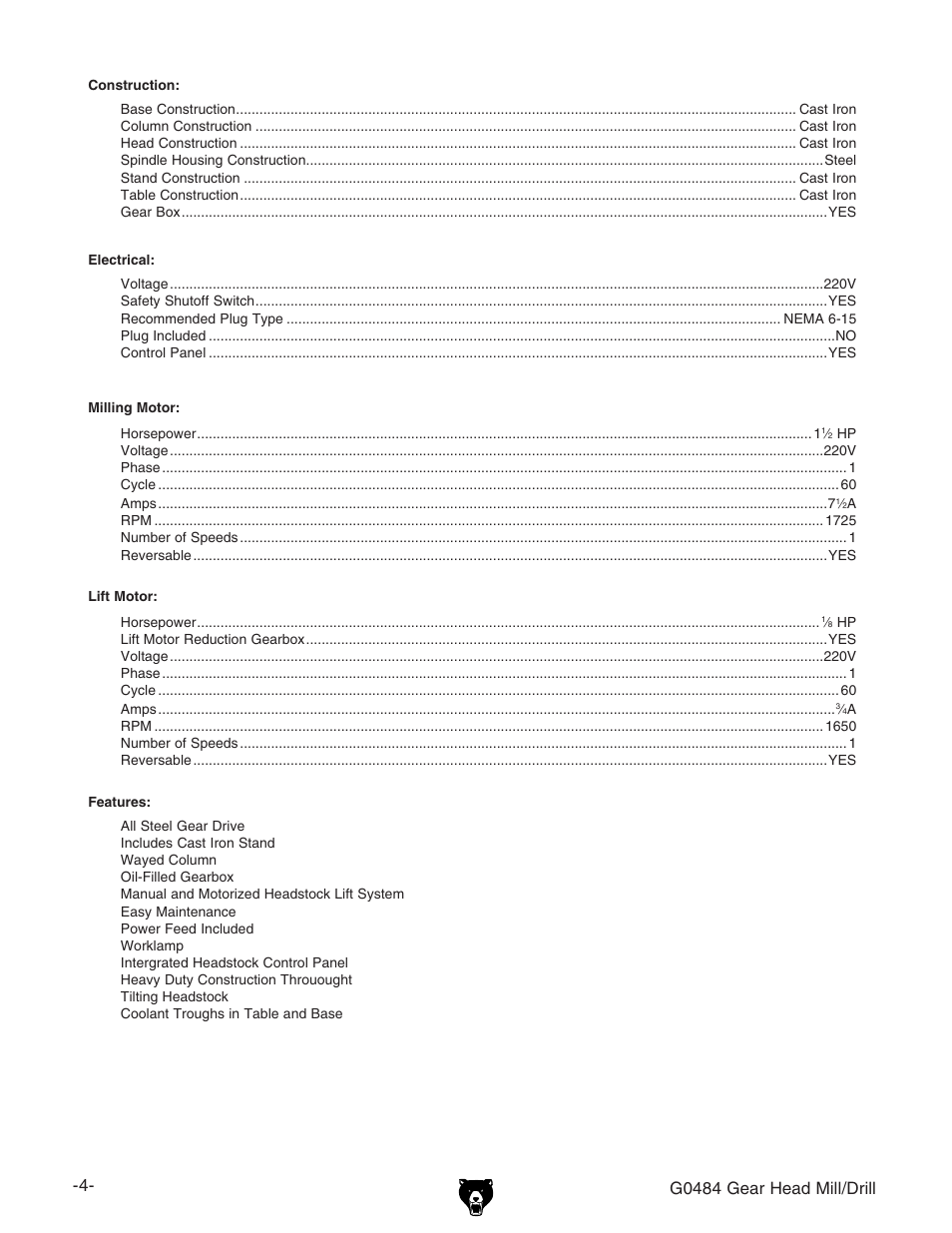 G0484 gear head mill/drill | Grizzly G0484 User Manual | Page 6 / 48