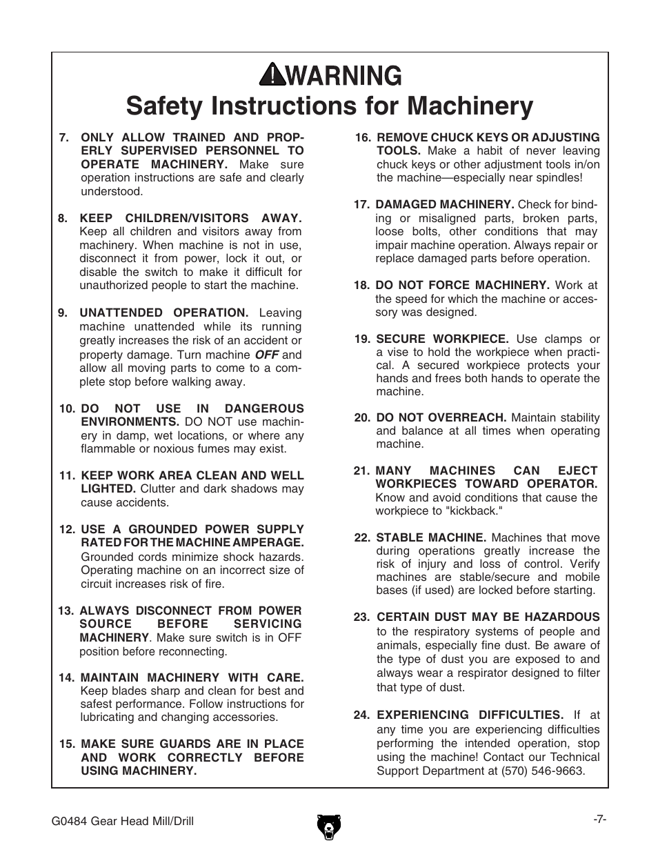 Safety instructions for machinery | Grizzly G0484 User Manual | Page 9 / 48