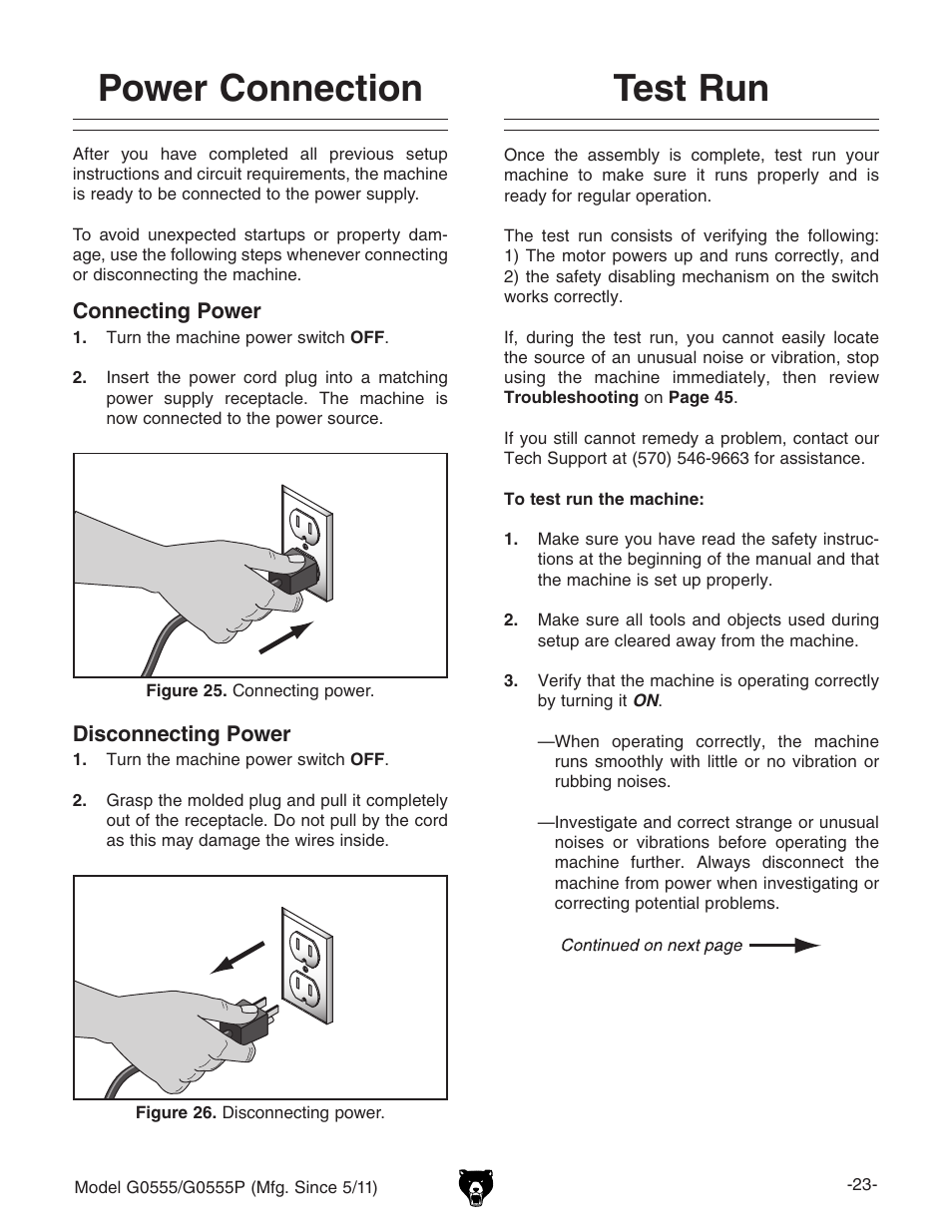 Power connection, Test run | Grizzly ULTIMATE 14" G0555P User Manual | Page 25 / 68