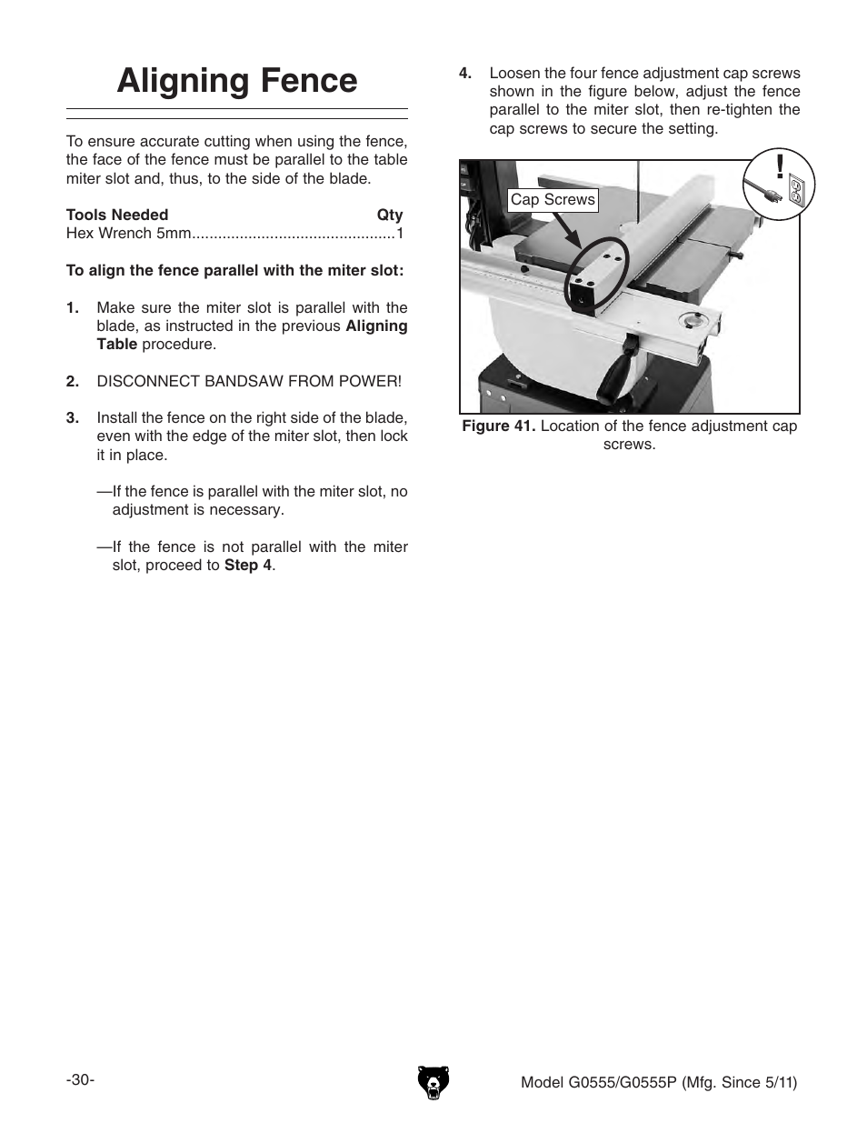 Aligning fence | Grizzly ULTIMATE 14" G0555P User Manual | Page 32 / 68
