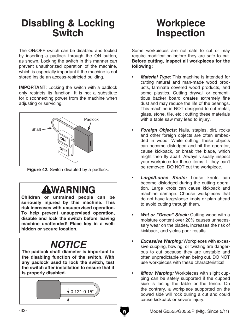 Disabling & locking switch, Workpiece inspection, Notice | Grizzly ULTIMATE 14" G0555P User Manual | Page 34 / 68