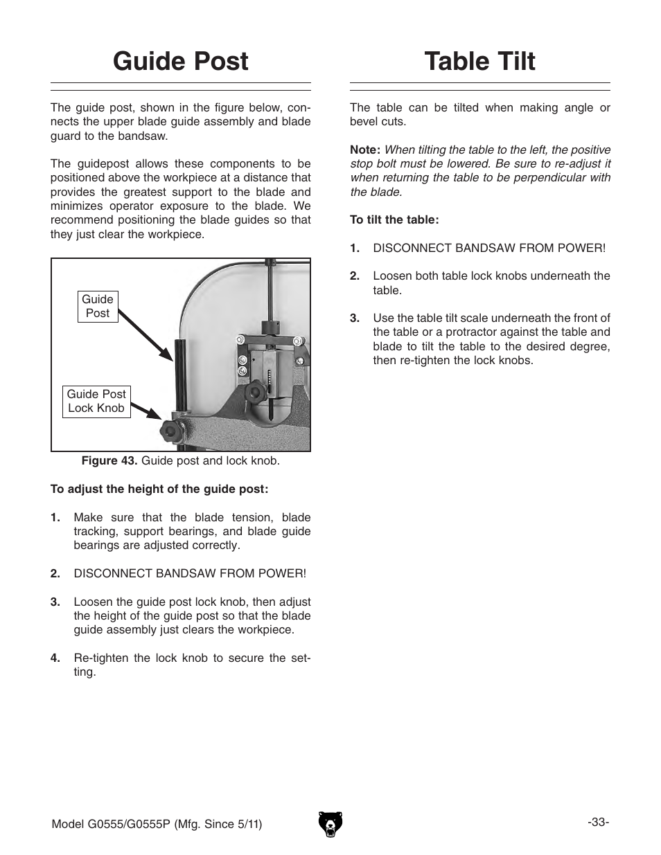 Table tilt, Guide post | Grizzly ULTIMATE 14" G0555P User Manual | Page 35 / 68