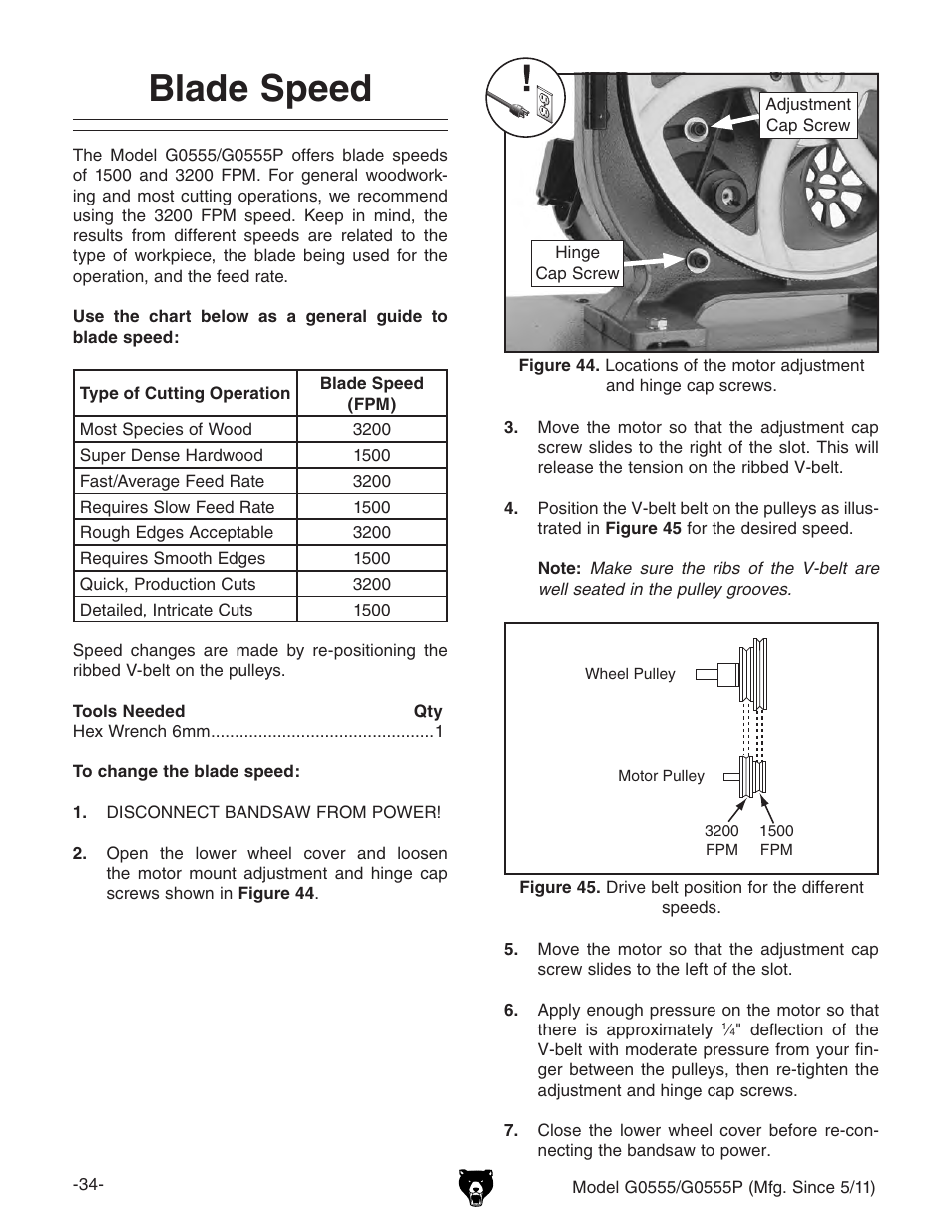 Blade speed | Grizzly ULTIMATE 14" G0555P User Manual | Page 36 / 68