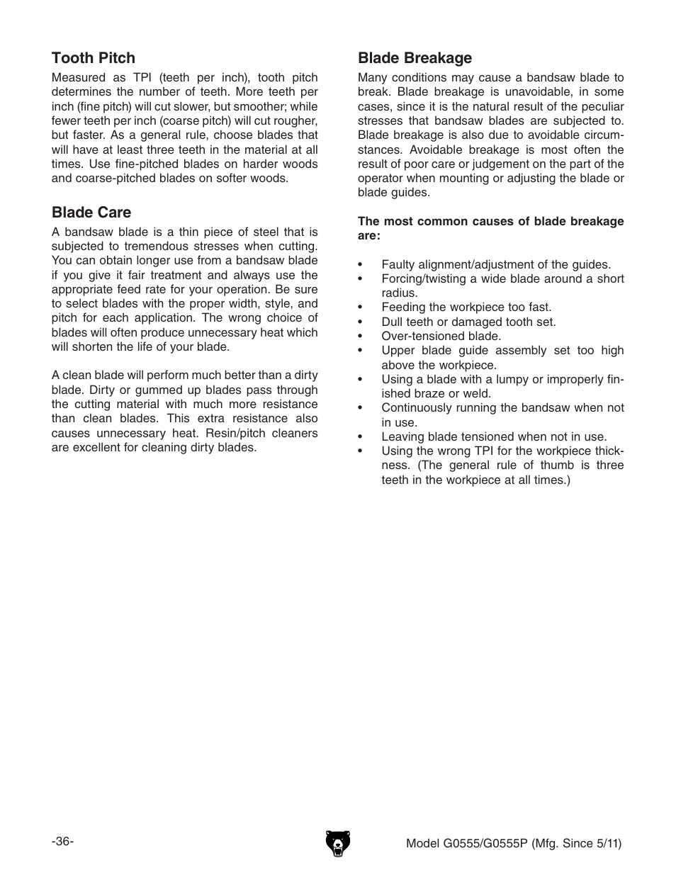 Tooth pitch, Blade care, Blade breakage | Grizzly ULTIMATE 14" G0555P User Manual | Page 38 / 68