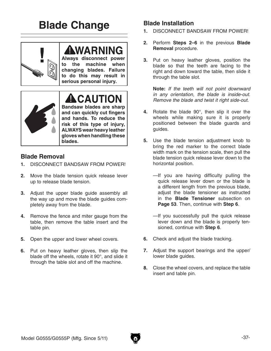 Blade change | Grizzly ULTIMATE 14" G0555P User Manual | Page 39 / 68