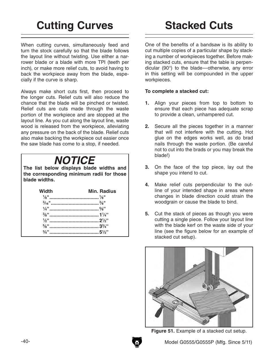 Cutting curves, Stacked cuts | Grizzly ULTIMATE 14" G0555P User Manual | Page 42 / 68