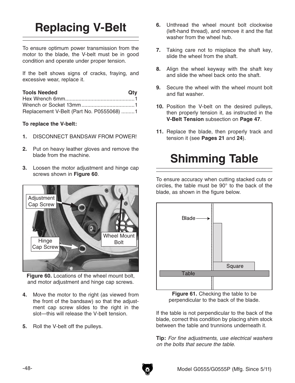 Replacing v-belt, Shimming table | Grizzly ULTIMATE 14" G0555P User Manual | Page 50 / 68