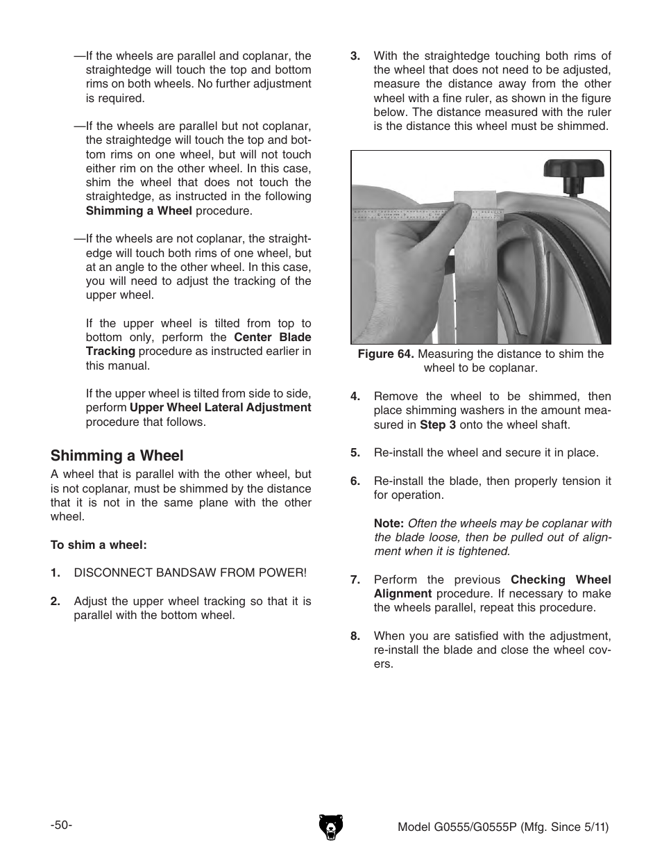 Shimming a wheel | Grizzly ULTIMATE 14" G0555P User Manual | Page 52 / 68