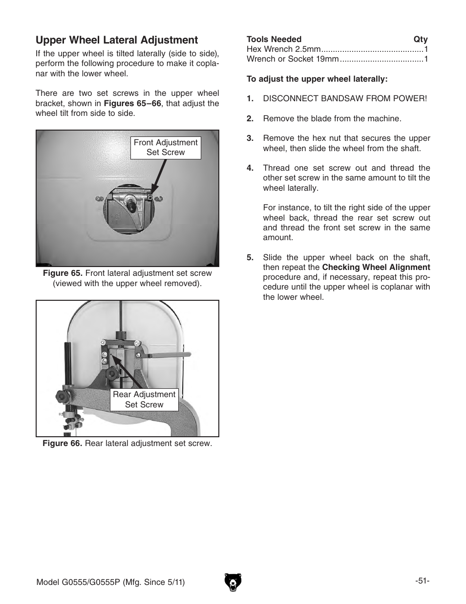 Upper wheel lateral adjustment | Grizzly ULTIMATE 14" G0555P User Manual | Page 53 / 68