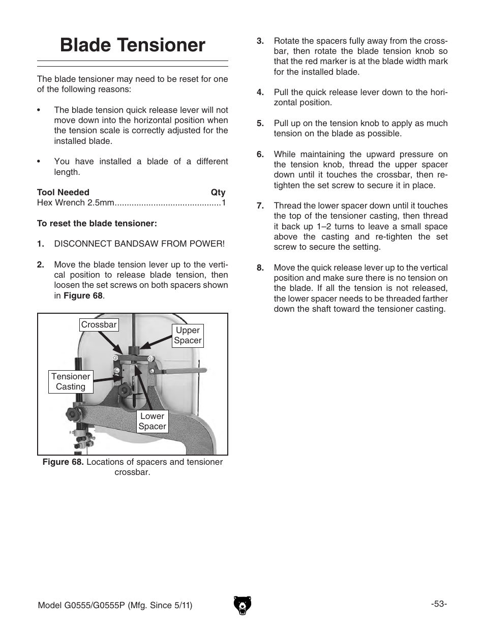 Blade tensioner | Grizzly ULTIMATE 14" G0555P User Manual | Page 55 / 68