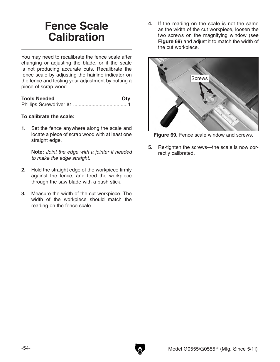 Fence scale calibration | Grizzly ULTIMATE 14" G0555P User Manual | Page 56 / 68