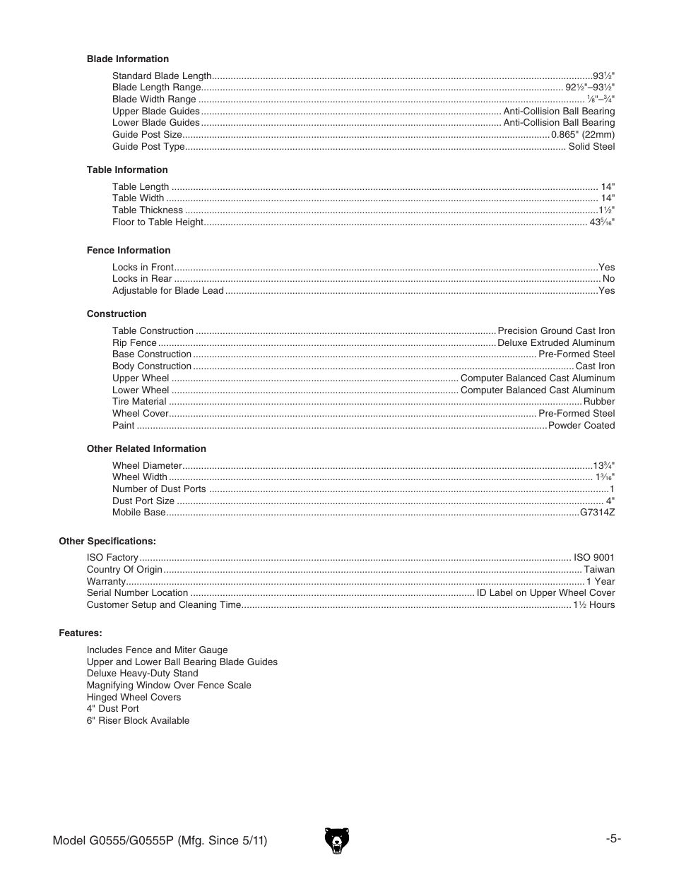 Grizzly ULTIMATE 14" G0555P User Manual | Page 7 / 68