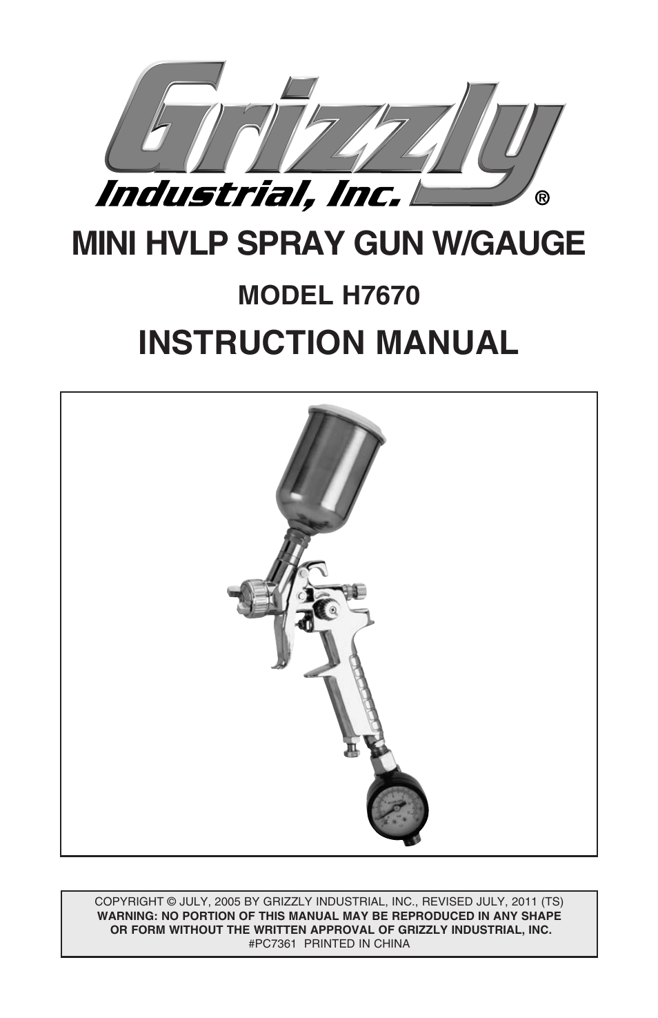 Grizzly mini hvlp spray gun W/gauge H7670 User Manual | 20 pages