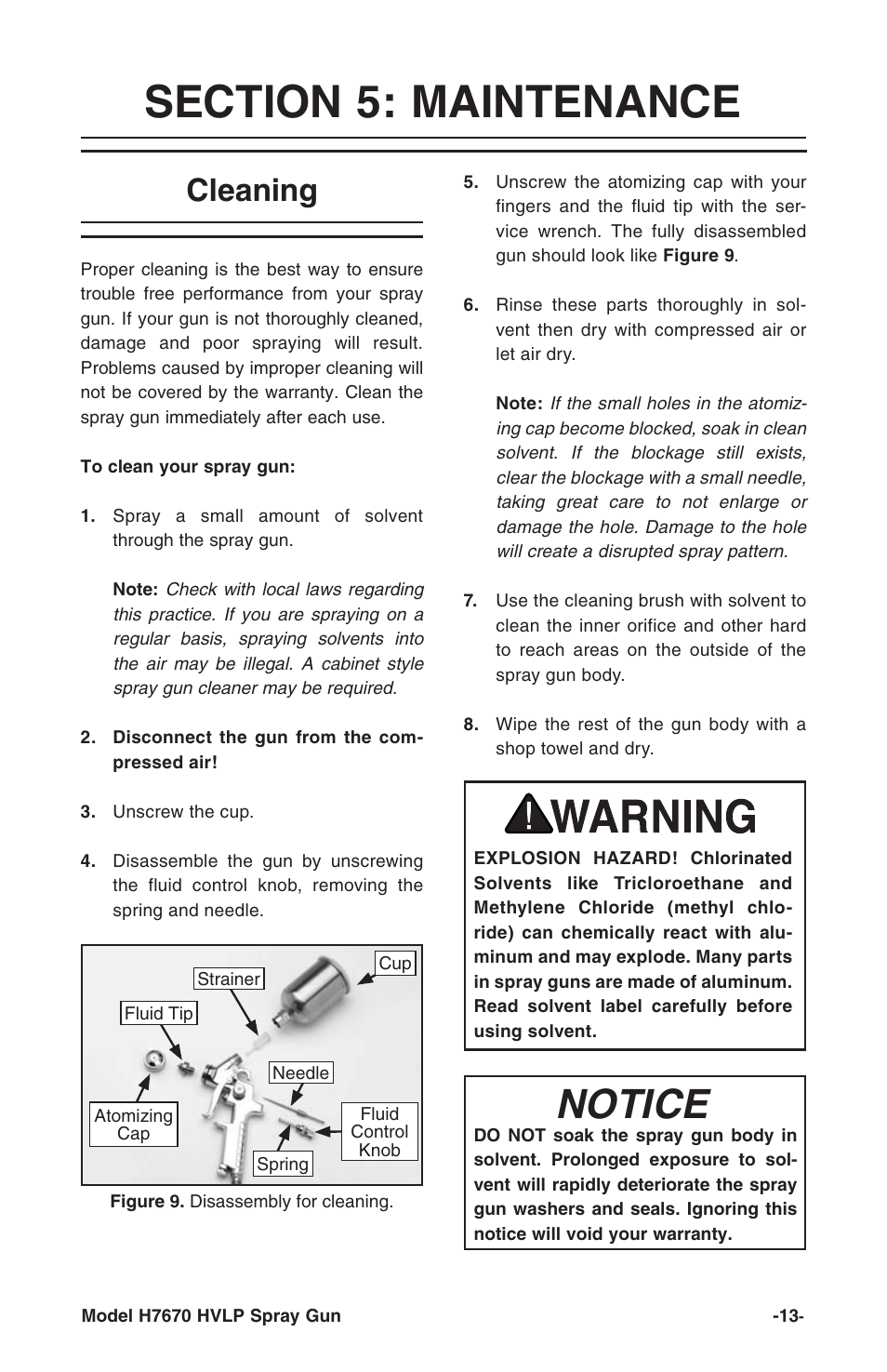 Notice, Cleaning | Grizzly mini hvlp spray gun W/gauge H7670 User Manual | Page 13 / 20