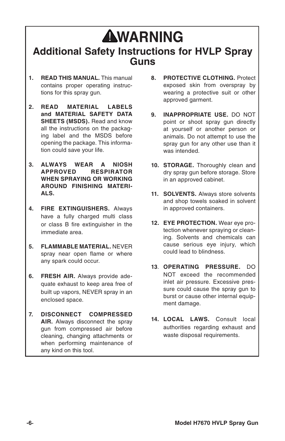 Additional safety instructions for hvlp spray guns | Grizzly mini hvlp spray gun W/gauge H7670 User Manual | Page 6 / 20